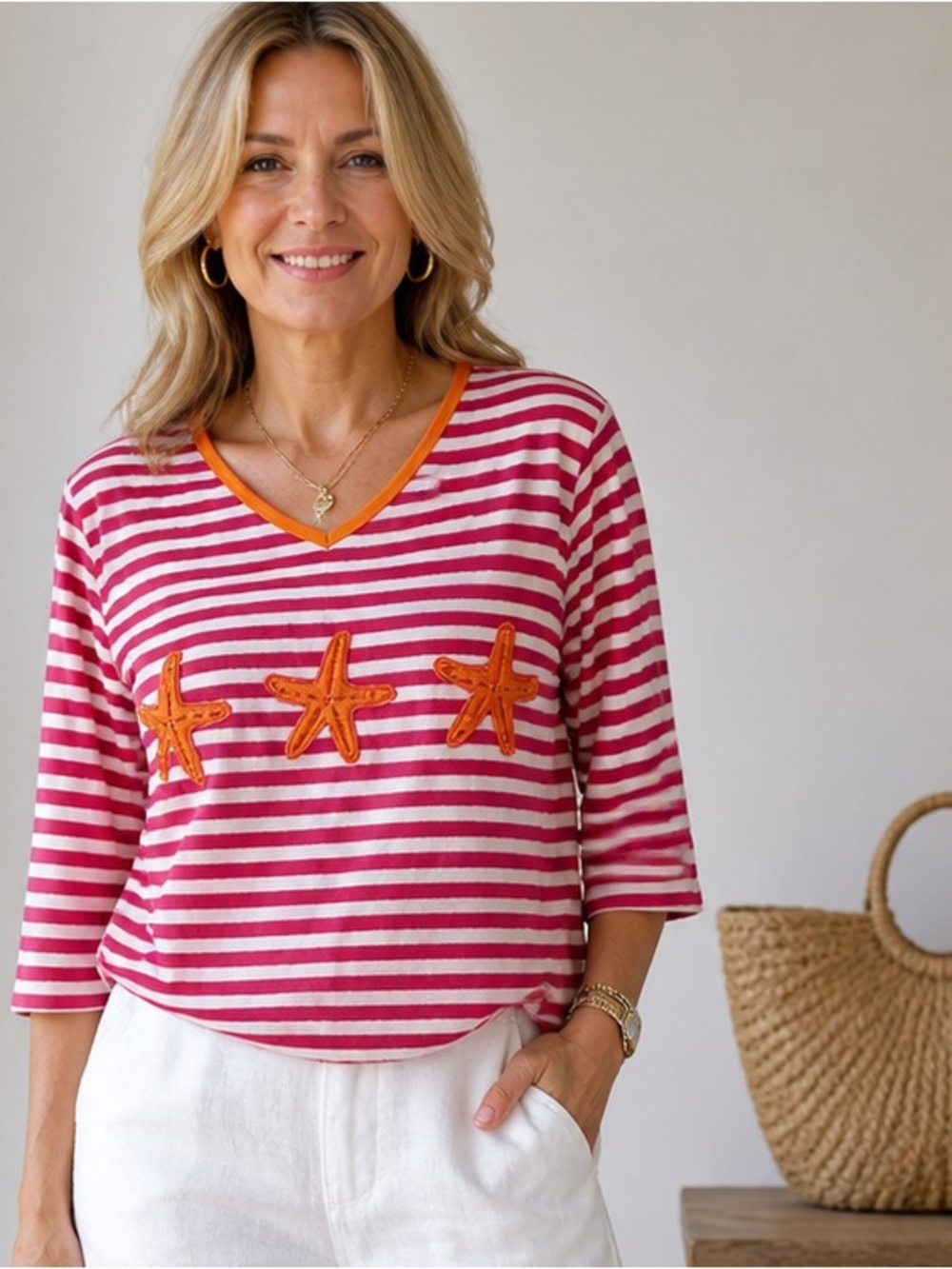 New! Quacker Factory Starfish Top V-Neck Stripe Knit Pink Orange Beach Size M